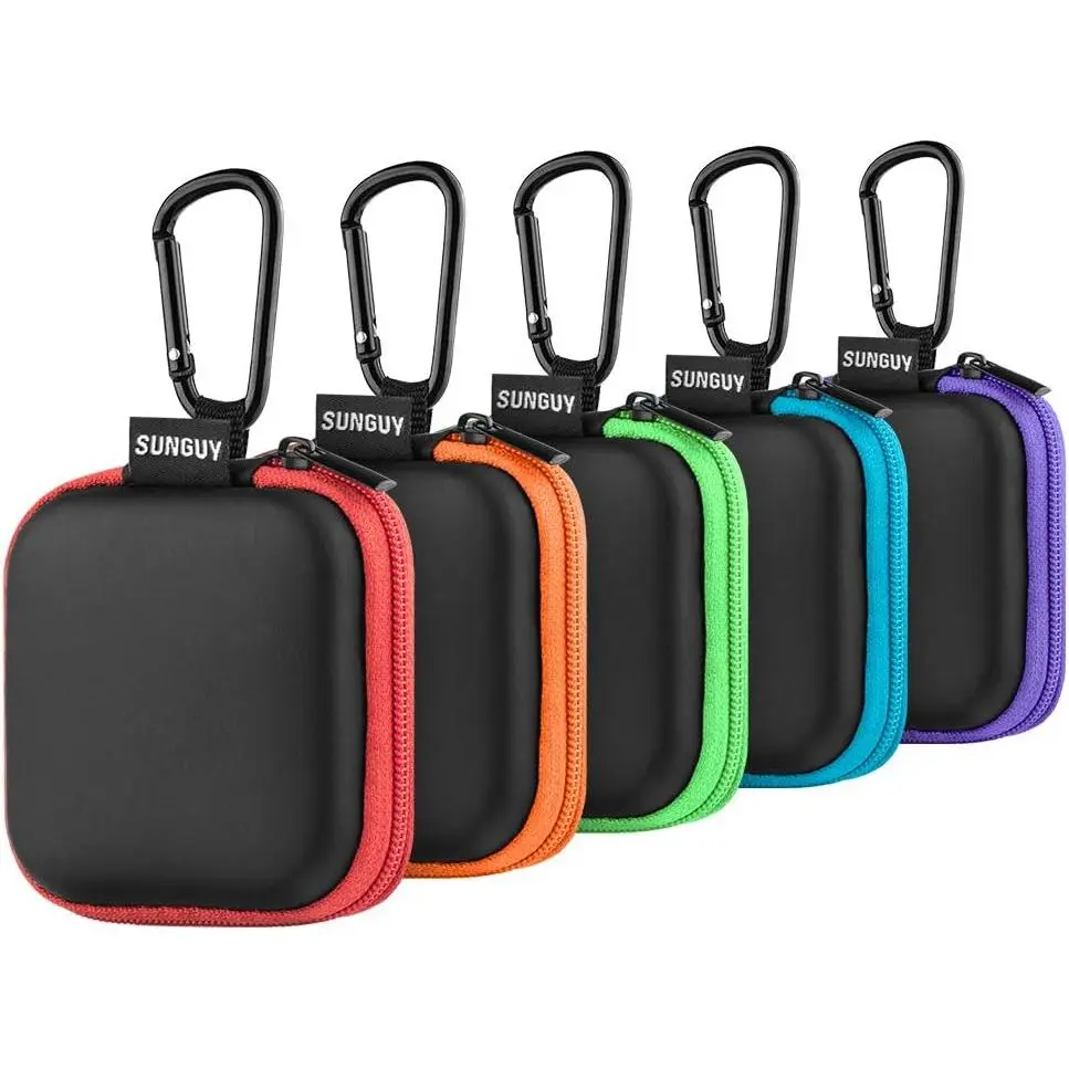 SUNGUY [5-Pack Earbud Case, Portable EVA Small Earbuds Carrying Case Storage Bag Organizer with Carabiners for Earphones, Earbuds, Earpieces, SD Memory Card, Camera Chips