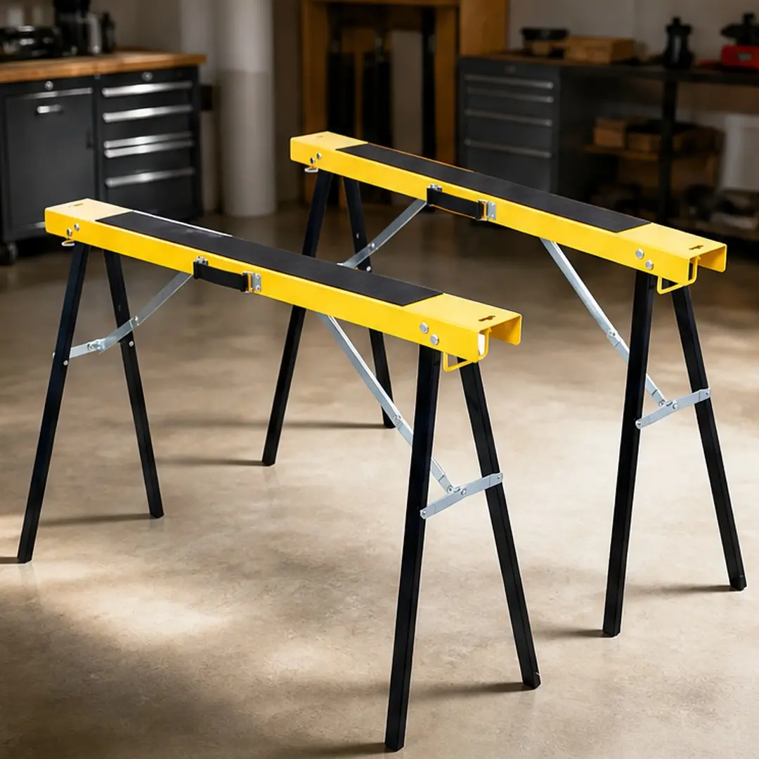ARCH 2-Pack Heavy-Duty Steel Sawhorses, Folding Portable Design with Fast-Open Legs, 275lb Load Capacity Each, Non-Slip Surface, Grip Handle, Fully Assembled (Single Box), User-Friendly Details, Yellow+Black, for Garage, Workshop, Job Site
