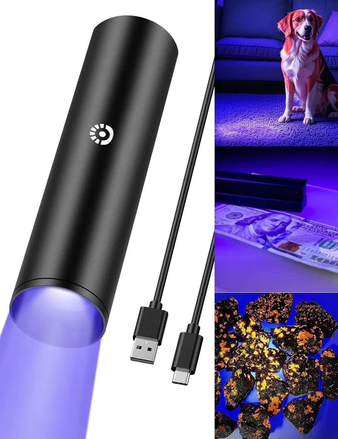 365nm UV Flashlight Mini - USB C Rechargeable 3.31 Inch Portable Handheld Alloy LED Black Light with Black Quartz Lens, Long Lasting Rubber Grip, for Pet Detection, Outdoor Use