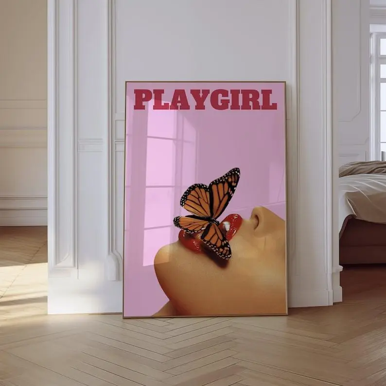 Artistic Pink and Red Butterfly Woman Graphic Poster Print, Long-Lasting Photo Paper Decor, Girly Room Wall Decor, Room Decor