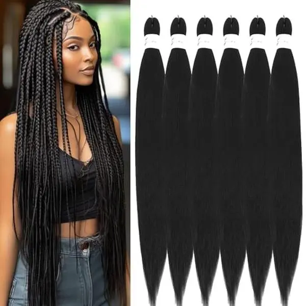 ALICOCO Black Braiding Hair,  6 Pack Pre Stretched Braiding Hair For Braiding Women Hair, Hot Water Setting Soft Yaki Texture Synthetic Crochet Braids (16inch,6pack,1B#) hair extension fiber
