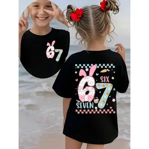 Easter Summer Fashion Girls' Short-Sleeve T-Shirt, SIX SEVEN Bunny and Easter Egg Elements, Number 67 Cartoon Pattern, Double-Sided Print, Casual and Versatile Top