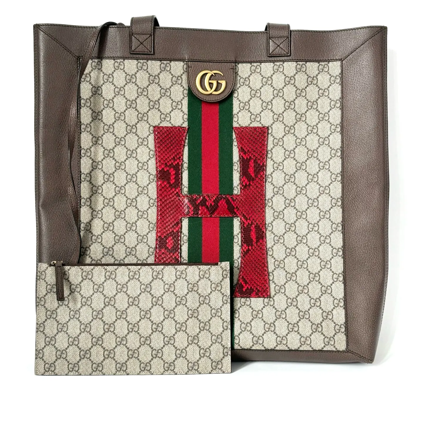 Pre-owned GUCCI GG Supreme Web Stripe Snakeskin H Tote Bag|18456820