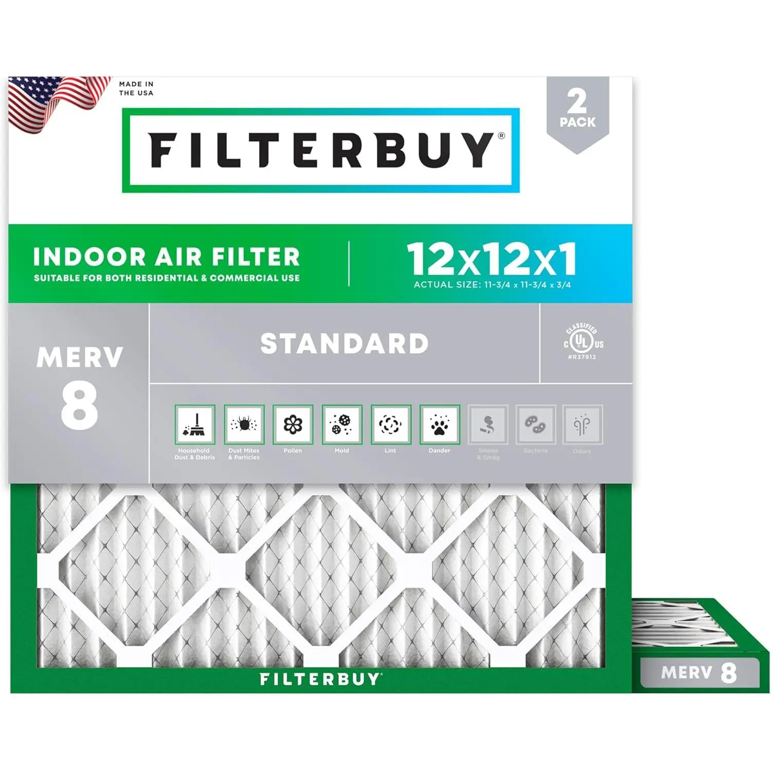 Filterbuy 12x12x1 Replacement HVAC AC Furnace Air Filter (2-Pack), Pleated MERV 8 Dust Defense (Actual Size: 11.75x11.75x0.75 In)