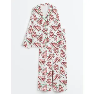 Cozy & Festive Christmas Tree Cake Satin Pajama Set for Women - Long Sleeve Holiday Lounge Wear