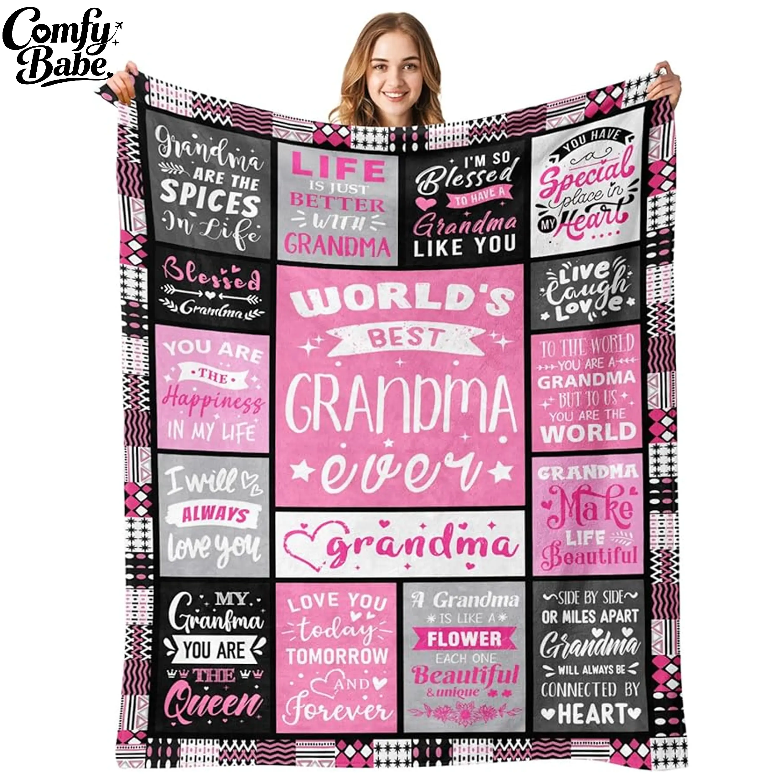 Grandma Fleece Throw Blanket - Pink Black, Inspirational Quote, Soft Flannel, Mother's Day/Birthday Gift from Grandkids, Cozy Bedroom/Couch Decor