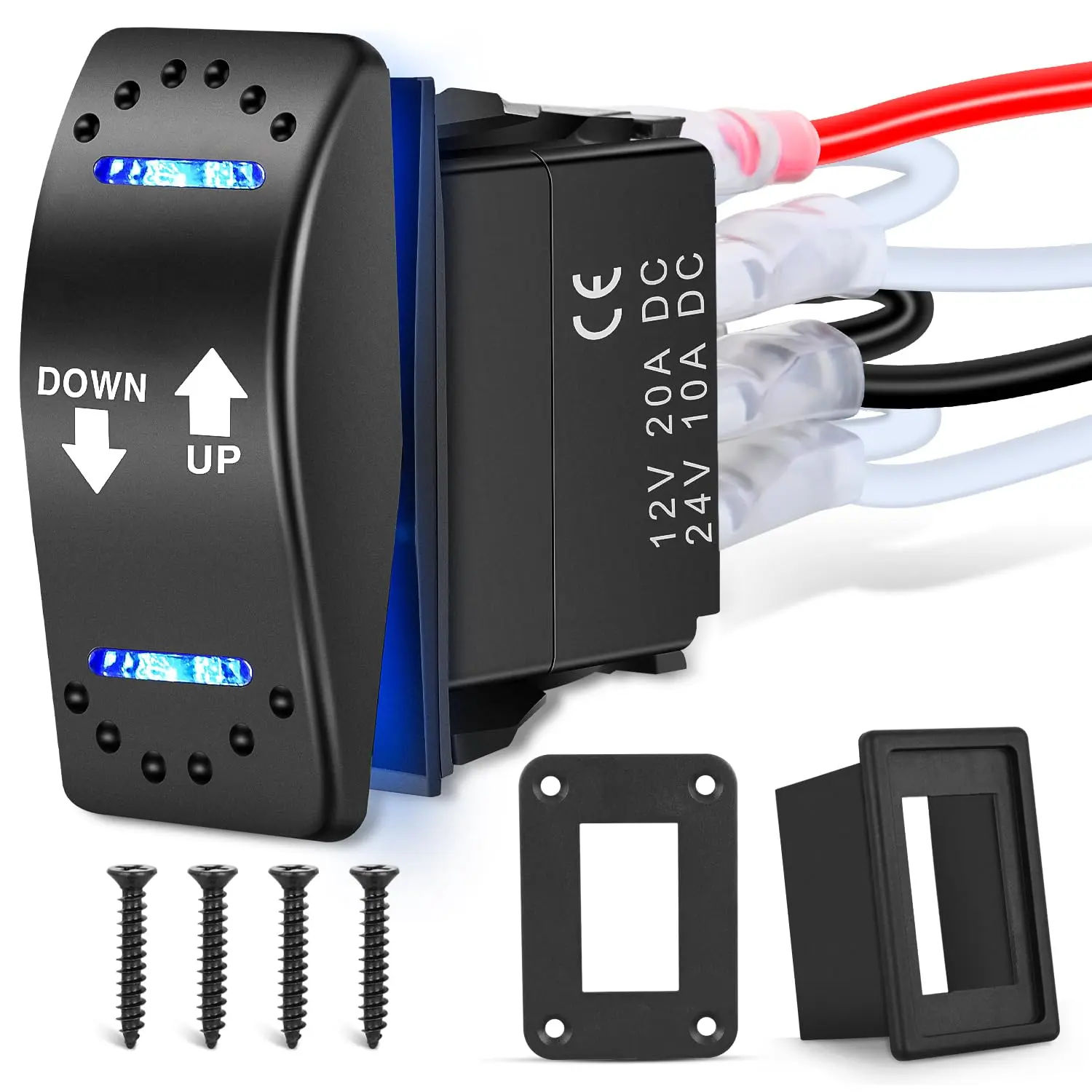 Niligft 7-Pin Double Pole Double Throw (DPDT) Automatic Rebound Momentary Rocker Switch (ABS), 20A 12V-24V Reverse Polarity Down-Up Blue LED ON-Off-ON Toggle with Jumper Wires & Adaptor, Universal Fit for Jeeps, Campers, Trailers (Motor Control)