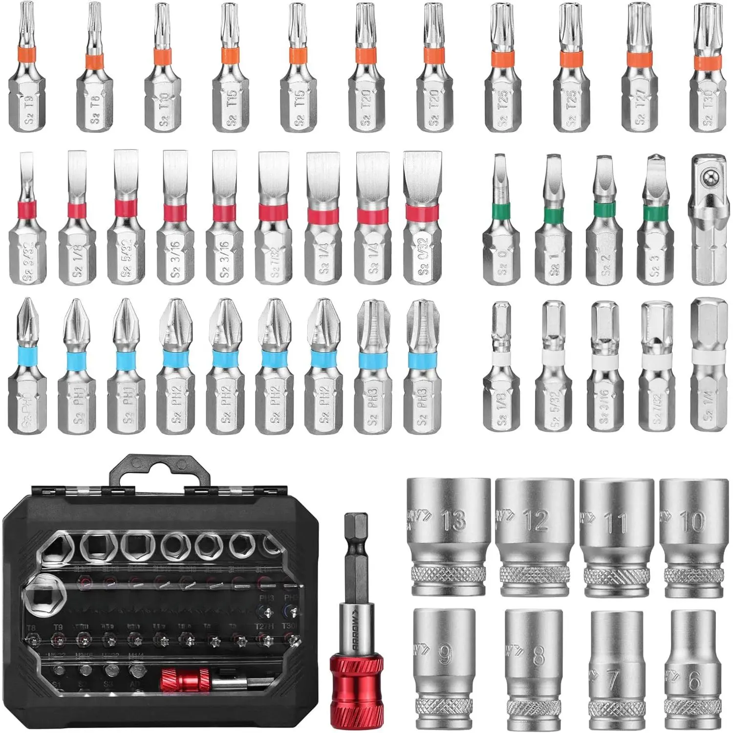 48 Pcs Screwdriver Bit & Socket Set, 1/4" Drive, Color-Coded S2 Steel 38 Precision Bits, 6-13mm 8 CR-V Sockets, 1 Magnetic Holder with 360° Rotating Belt Clip, for DIY Projects, Compatible with Power Drills, Screwdrivers & Mini Ratchet Wrenches