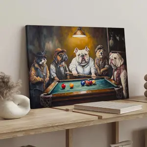 1 Count wood frame canvas, Dog Friends Billiards poster, funny animal print, stylish family poster, Bedroom mural, modern art Deco, exquisite hallway wall decoration, Ideal gift, Thoughtful Gift, waterproof, print, Home Decor Accessory