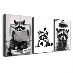 3pcs Waterproof Canvas Poster - Wooden Framed Black and White Raccoon Under Shower Art - Bedroom Office Living Room Cafe Bar Decoration