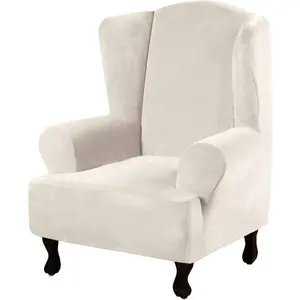 H.Versailtex 1 Piece Stretch Velvet Sofa Covers for Cushion Couch Covers with Non Slip Elastic Bottom IVORY Wingchair