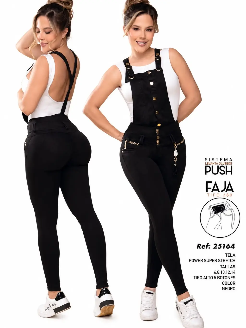 Braga-Overol REF.25164 Women’s Colombian High-Waisted Push-Up Denim Overalls with 360° Shapewear – Black Stretch Jumpsuit