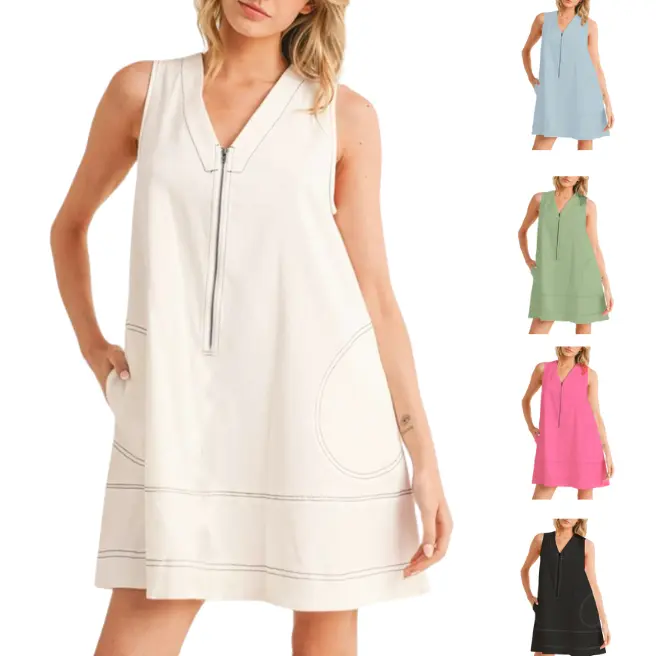 Yeokou Women's Soft Breathable Cotton Fabric Sleeveless V-Neck A-Line Mini Dress - Loose-Fitted, Everyday Casual Dress with Pockets (TikTokShop Black Friday Item)