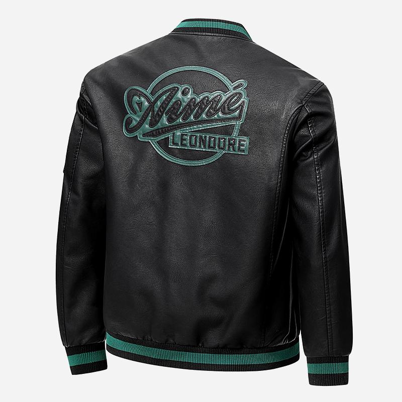 Men's Black PU Leather Bomber Jacket - Contrast Green Stripes & Embroidered Logo, Utility Arm Pocket Stylish Casual Fall Winter Coat