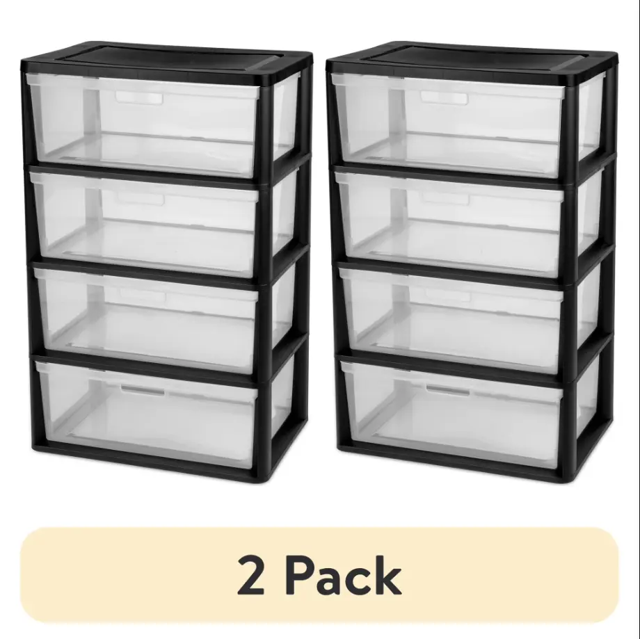 (2 pack) Sterilite Wide 4 Drawer Tower, Plastic Storage Organizer with Removable Clear Bins, Easy Assembly, No Tools Needed, Black
