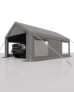 10x20 ft Portable Garage, Car Port with 200 g PE Tarp Cover, with Front & Rear Roll-Up Doors and 4 Windows, for Temporary Paint Booth, Boats&Pickups Shed, and Event Shelter, Gray, Metal Frame, Quick Set
