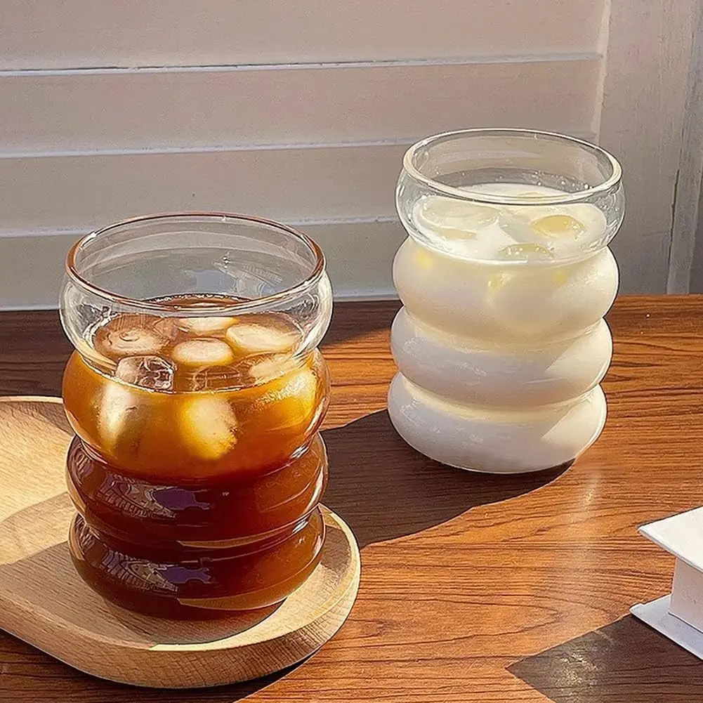 High Borosilicate Glass Clear Spiral Cup Tumblers, 350ML & 500ML, Ice Coffee, Milk Tea, Juice, Beverage, Suitable for School Season, Winter, Summer, Coffee Cups Glass, Reusable Glass Cup, Drinking Glass