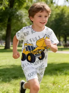 Boys' Casual Set Cartoon Construction Car Print Top and Shorts, Summer, Daily Wear, Sports Clothing, Loose Fit, Versatile Use