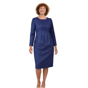 Royal Blue Textured Embellished Church Dress for Women