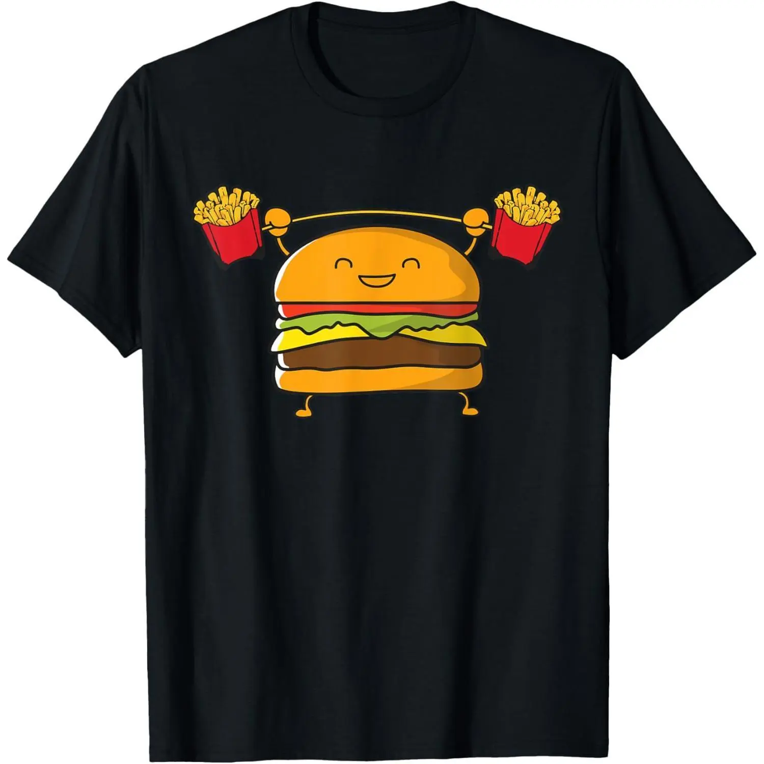 Menswear Graphic Short-Sleeve Round Neck Casual T-Shirt - Burger Fries Funny Food Snatch Squat Barbell Weight Design