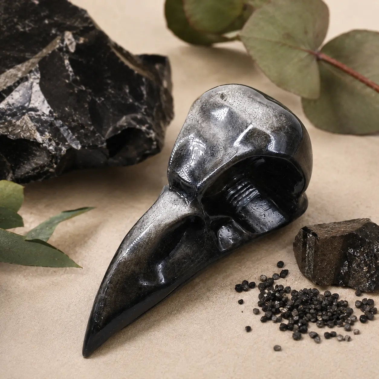 Stargate Premium Silver Sheen Obsidian Raven Skull - Gothic Crystal Carving (1 Pc, Approx. 5.9-6.3cm)