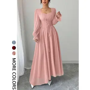 Elegant Women's Chic Square Neck Long Sleeve Dress, Waist Tie Belted Flared Hem, Perfect for Spring & Fall Fashion, Ladies' Casual Wear(gift)
