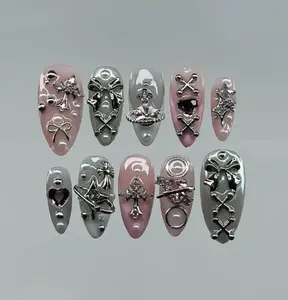 Princess Punk Press On Nails | Silver Chrome Charms on Pink & Grey Glossy Nails | 3D Cross, Bows, Stars & Hearts | Handmade Alt Royalcore Nail Set