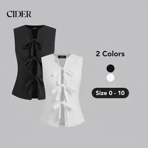 Cider [2 colors, size 2-10] 100% Cotton Solid Bowknot Sleeveless Vest, Round Neck Summer Vest for Vacation, Minimalist Outfit, Cute Office Outfit