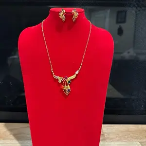 Traditional Gold-Plated Navaratna 2-Piece Matching Jewelry Set - Pendant Necklace, Shiny Earrings for Elegant Wear