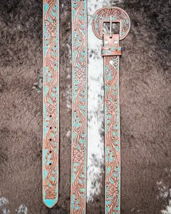 Western Wreath Leather Belt in Bronco Sky by Myra Bag