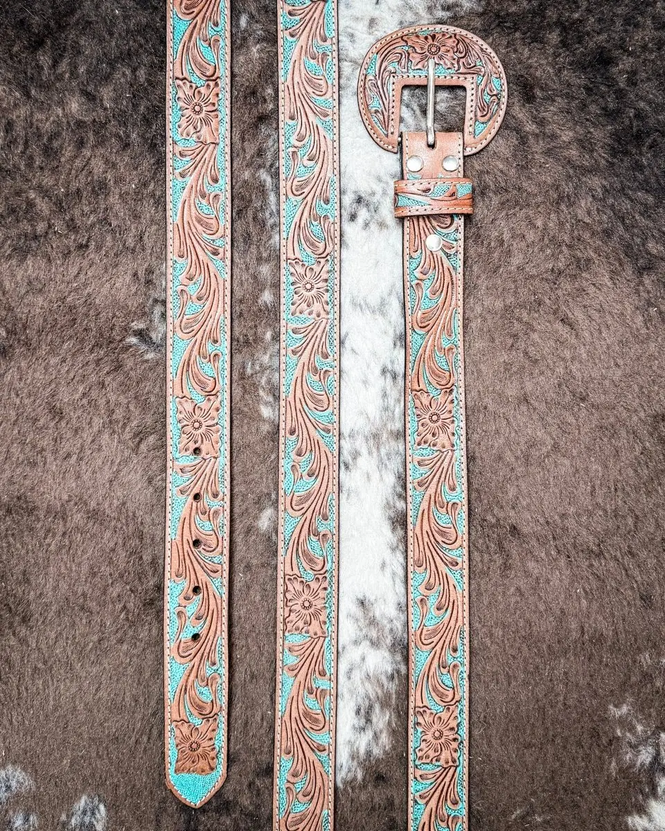 Western Wreath Leather Belt in Bronco Sky by Myra Bag