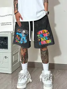 Men's Vintage 240g  Wash Cartoon Print Shorts, Streetwear Street Style Sporty Loose-Fitting Five-Inch Pants, Casual Slogan Clothing
