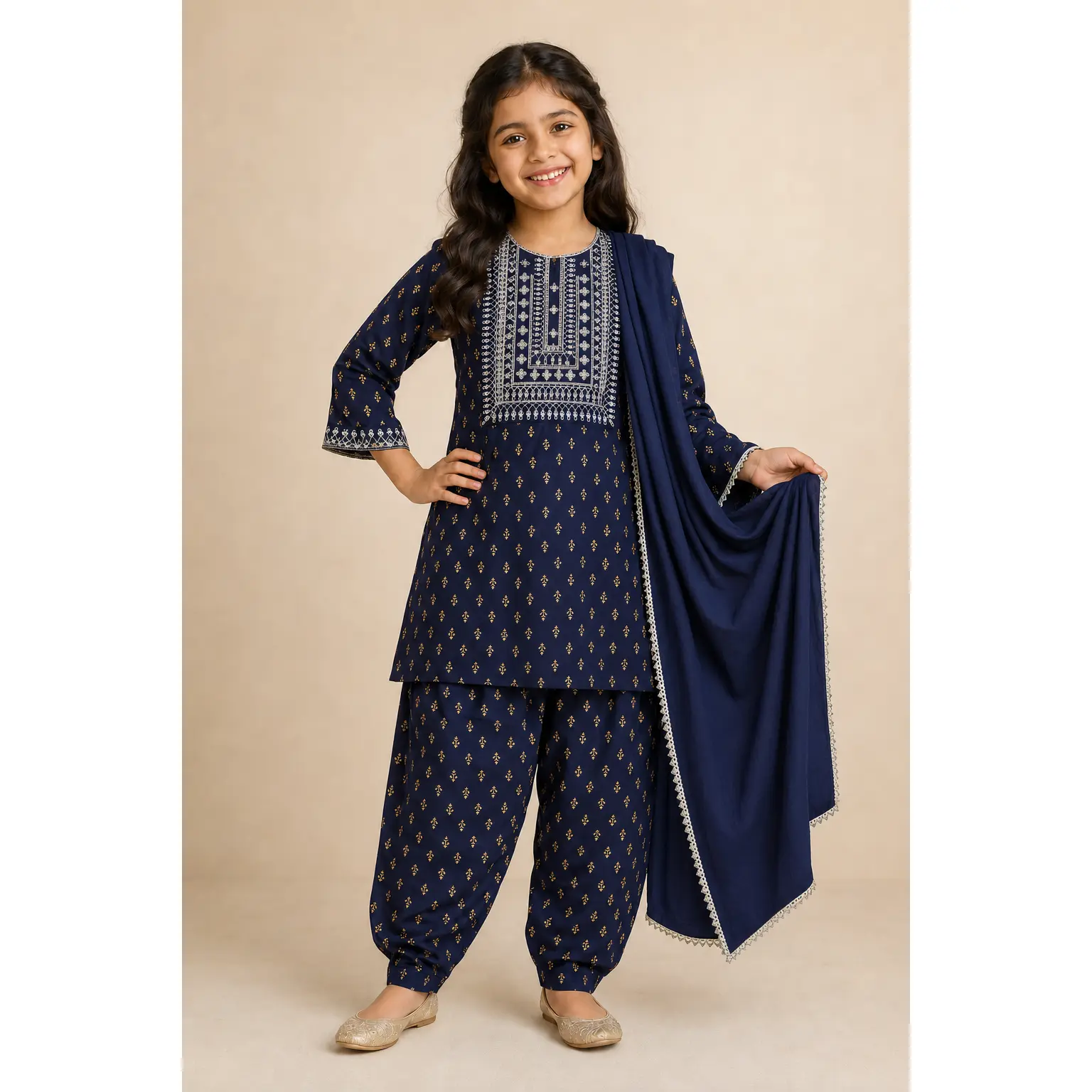 Girls’ Traditional Cotton Kurti Set w/ Chadar