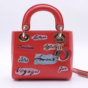 Pre-owned Dior Leather Crossbody Bags Red Mini Calfskin Sequin Embellished Lady Dior