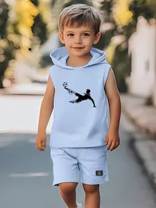 Boys Summer Hooded Design Sleeveless Set, Football Sports Cartoon Print, Fashion Casual Two-Piece Vest Shorts Set, Kids Daily School Play Weekend