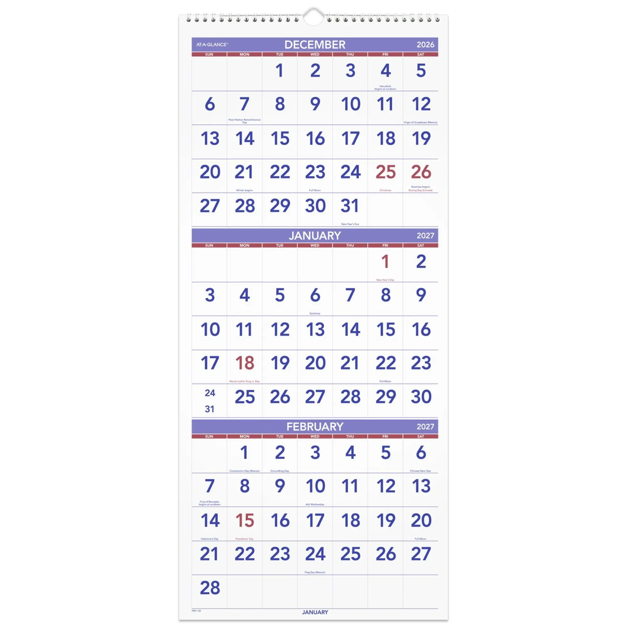 AT-A-GLANCE® 2027 Three Month Reference Vertical Wall Calendar, Large, 12" x 27"