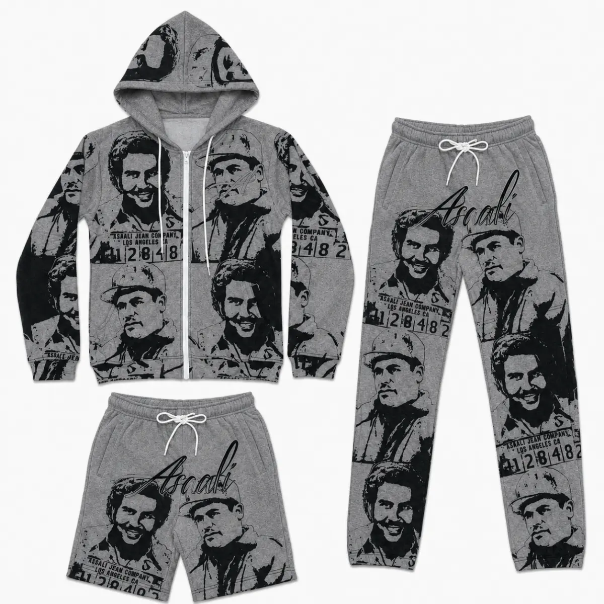 Vintage Assaali Mugshot Graphic 3 Piece Tracksuit Set, Zip Up Hoodie Jogger Pants & Shorts, Oversized Urban Streetwear Outfit