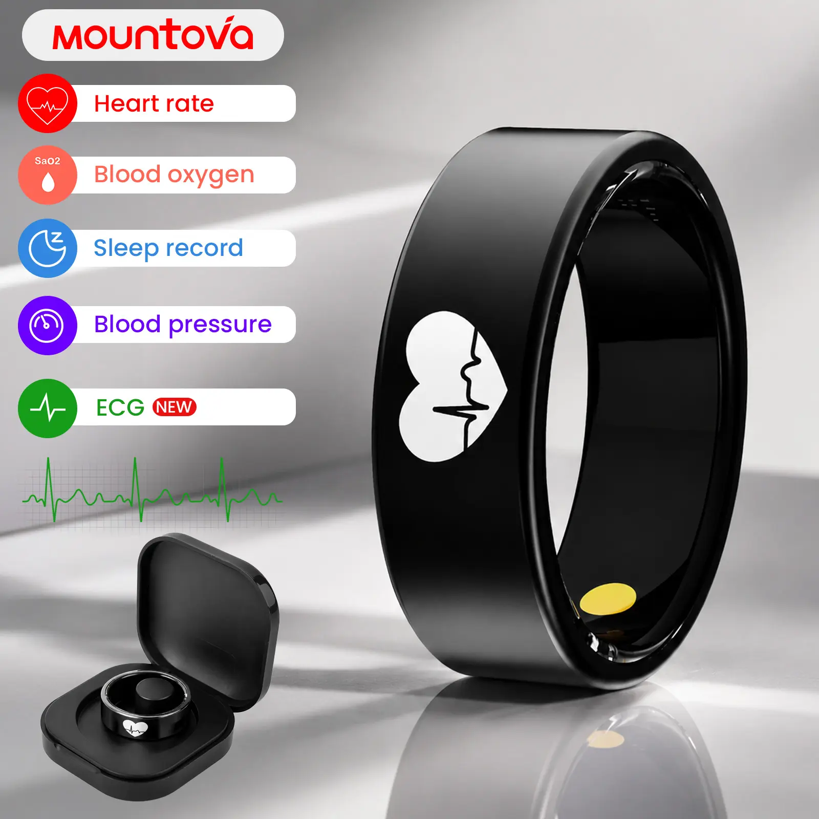 Smart Ring with ECG Electrocardiogram, Accurate Blood Pressure & Heart Rate Monitor, Blood Oxygen and Sleep Tracking, Multi Sports Modes, IP68 Waterproof Dustproof, Long Lasting Battery for All-Day Health Management
