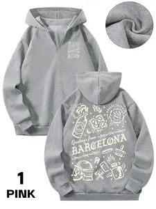 Unisex Vintage Barcelona Letter Hoodie, Half-Zip Back Print Pullover, Casual Light Sweatshirt for Fall & Winter