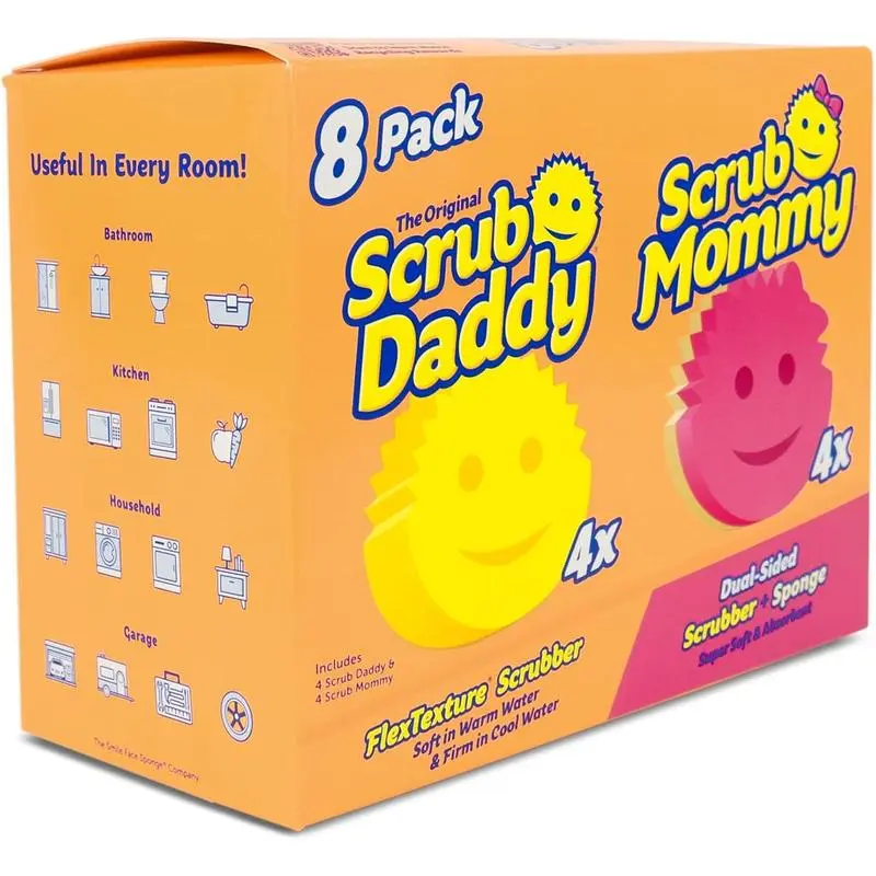 Scrub Daddy (4x) + Scrub Mommy (4x) Scrubber Sponges & Scouring Pads Pack - 8-Piece Kitchen Cleaning Tools for Stove, Clean Countertops with a Soft Touch - BPA-Free Eco-Friendly Polymer Foam, Scratch-Free, Stain & Odor Resistant