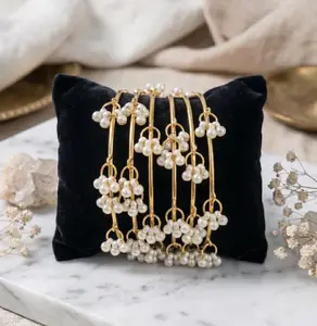 Pearl Gold Bangle Set of 4 - Beaded Churi - Ethnic Indian Pakistani Wedding Jewelry