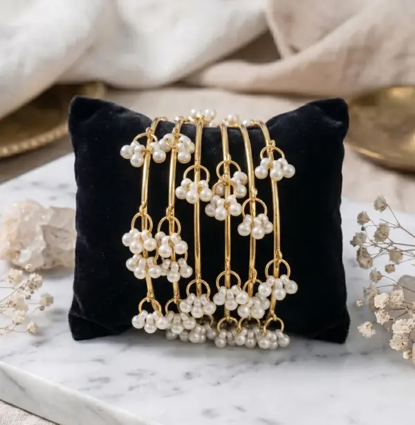 Female 4-Piece Pearl Gold Beaded Churi Bangle Set - Cluster Pearls, Metal Coating, Small Size, Ethnic Indian Pakistani Wedding Jewelry, Wedding Gift