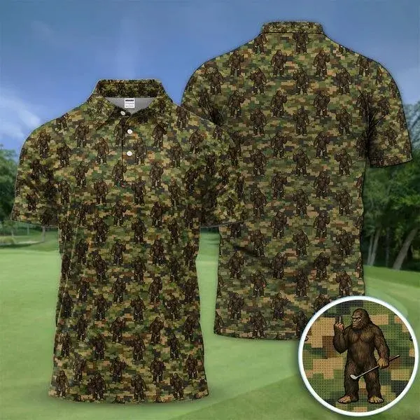Bigfoot Golfer Camo Pattern Golf Polo Shirt for Men, Funny Sasquatch Golf Apparel