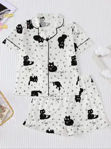 Fire Retardant Casual Loungewear Pajama Set, Soft Skin-Friendly Cat Print, Short Sleeve Button-Up Top & Loose Fit Shorts, Home Wear