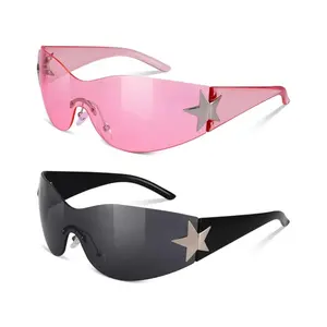 2 Pairs Rimless Y2K Sunglasses for Women Men, Trendy Wrap Around Pink Black Star Oversized Fashion Frameless Sunglasses, Unique and Futuristic Style Shades Star Design for Y2K Accessories Outfits