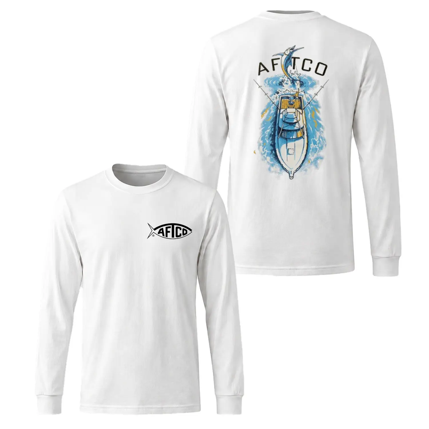 AFTCO Offshore Fishing Boat Long Sleeve Shirt Marlin Saltwater Angler Graphic Cotton Tee for Men