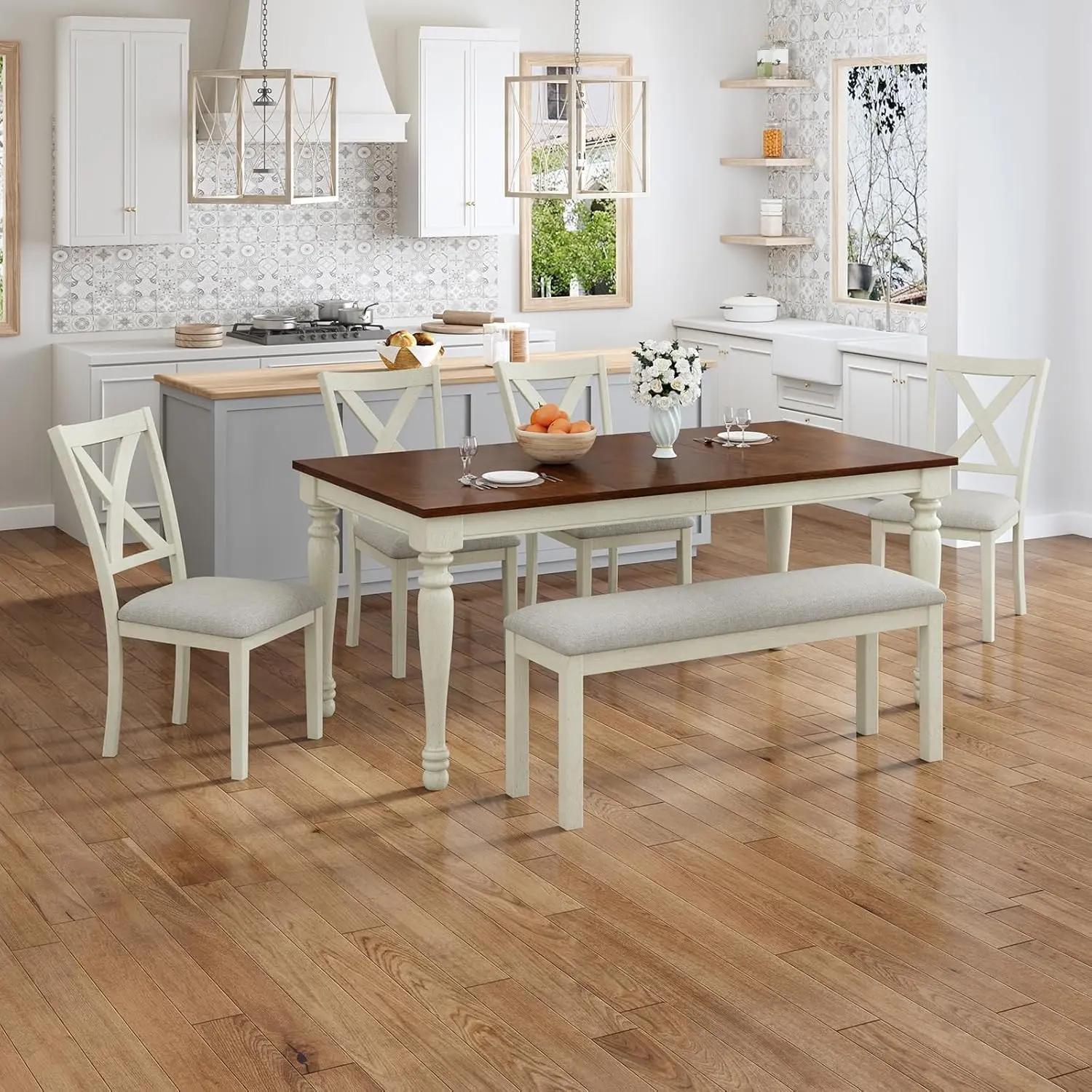【Ships in 2 Boxes】[TiktokShopStockUp] AMERLIFE 6-Piece 71" Solid Wood Dining Table Set, Large Dining Table with 4 Upholstered Chairs & 1 Long Bench, for Dining Room, Kitchen, Brown & Cream