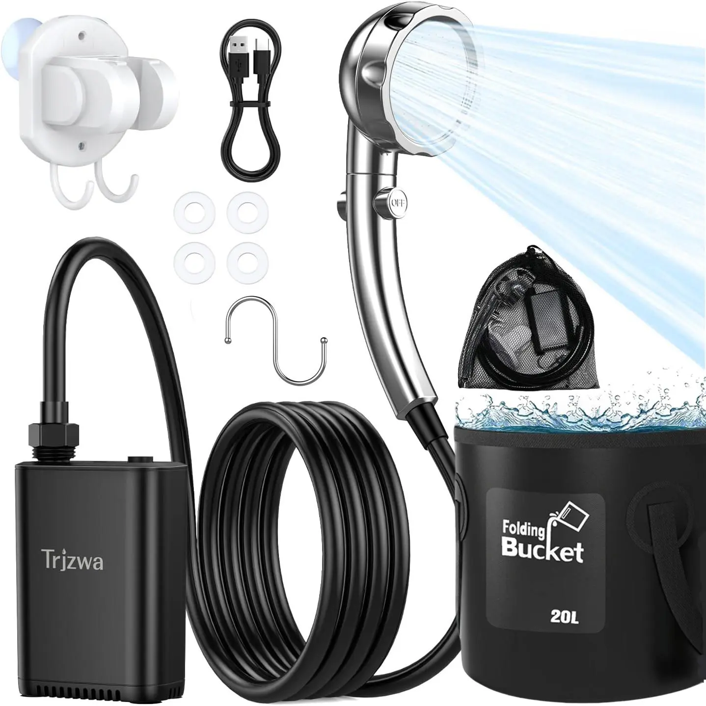 Portable Outdoor Shower with 2600mah Battery, 3-Speed Adjustable Booster, 20L Bucket, 2.5L/min, Ideal for Camping, Travel, Beach Hiking, Camping Shower Head, Rechargeable Camping Showerhead