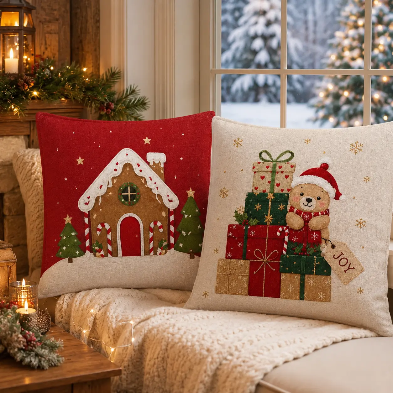 Christmas Pillow Covers Set of 2, Gingerbread House and Teddy Bear Holiday Throw Pillow Cases, Winter Sofa Decor