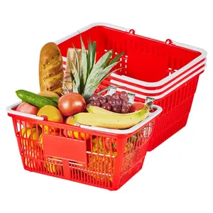 VEVOR Shopping Baskets, 4 PCS, 21L Stackable PE Plastic Grocery Baskets with Handles, Dense Mesh Structure, Holds up to 20 lbs, Portable for Grocery, Retail, Stores, Supermarket, Home Use, Red